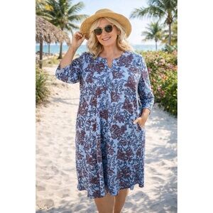 Coolibar Oceanside Tunic Dress UPF 50+ Sun Protection 3/4 Sleeve Floral Sz XXL
